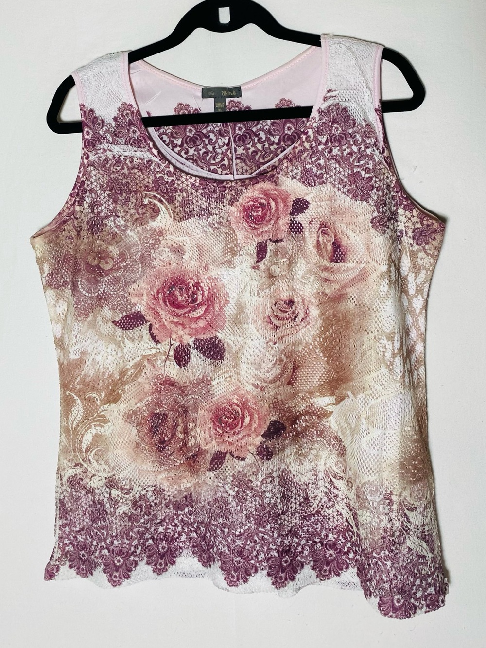 Vintage Y2K Elle Mode Pink Floral Rose Mesh Tank Top Scallop Hem XL